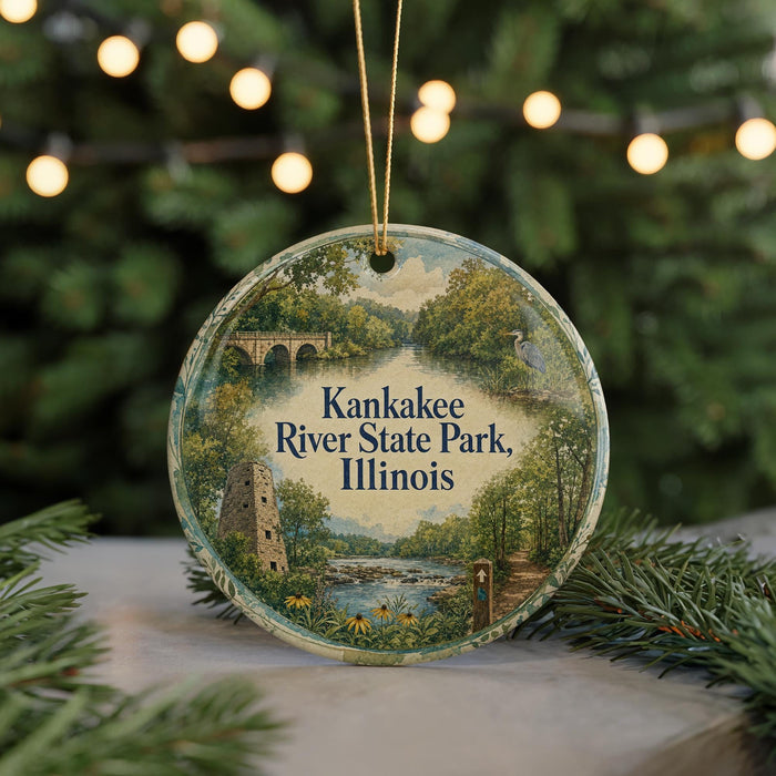 A circular ornament featuring a scenic view of Kankakee River State Park, Illinois, with a bridge, trees, and a bird in the foreground.