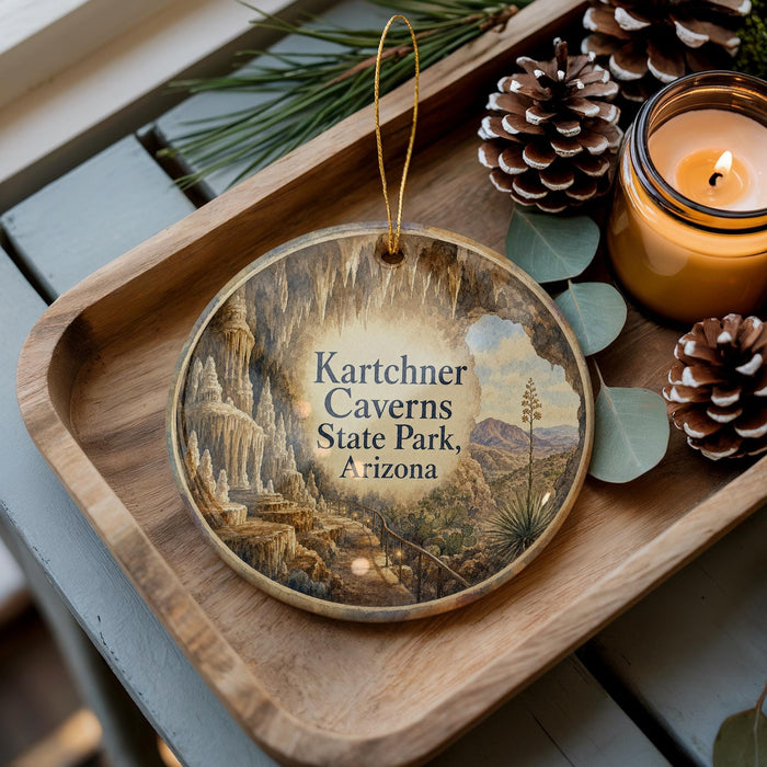 A wooden tray with a decorative ornament featuring a scenic image of the Kartchner Caves in Arizona, accompanied by pine cones and a lit candle.