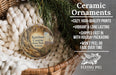 Ceramic ornaments, featuring a detailed image of the Kartchner Caves in Arizona, are displayed in a woven basket. The text highlights the ornaments as "Cozy, High-quality Prints" and "Vibrant & Long Lasting", with a description of their shipping speed and eco-friendly packaging. The image also includes a logo for "Flying Pig - SIGN COMPANY".