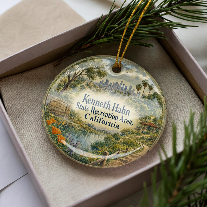 A decorative ornament in a box, featuring a scenic landscape with a body of water, trees, and a city skyline in the background.