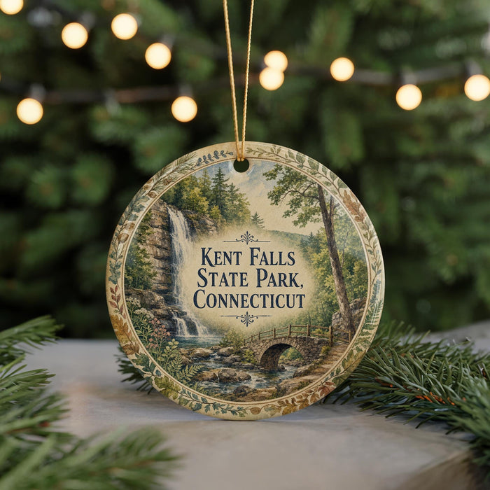 A round ornament with a scenic image of Kent Falls State Park, Connecticut, hanging from a string.