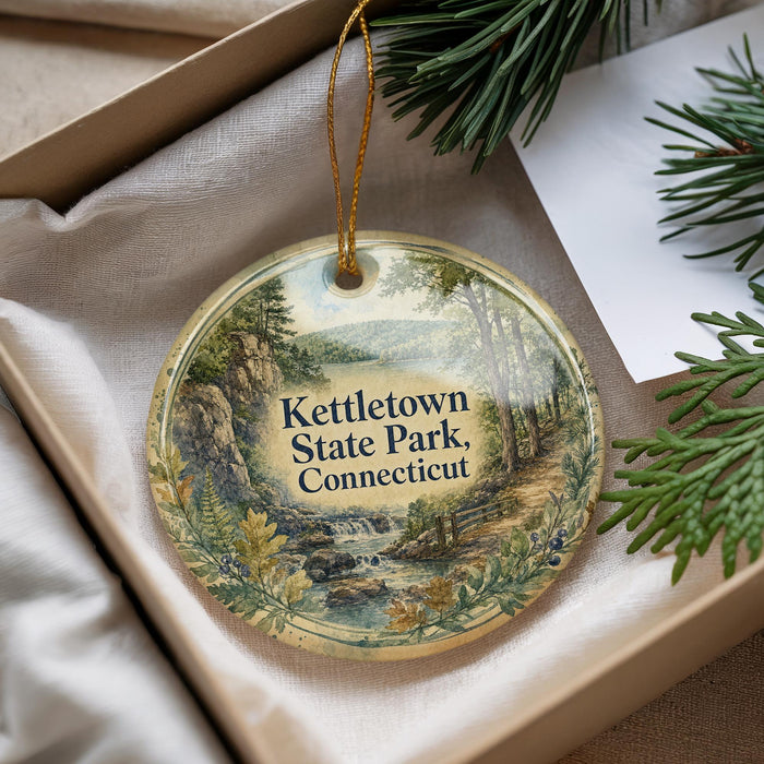 A decorative ornament with a scenic landscape of kettletown state park, Connecticut, hanging from a string.