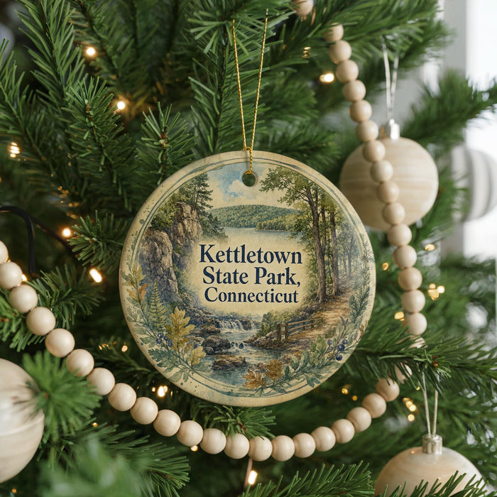 A round ornament hanging on a Christmas tree, featuring a scenic image of Kettletown State Park, Connecticut.