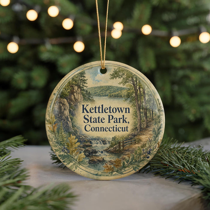 A round ornament with a scenic image of kettletown state park, Connecticut, hanging from a string.