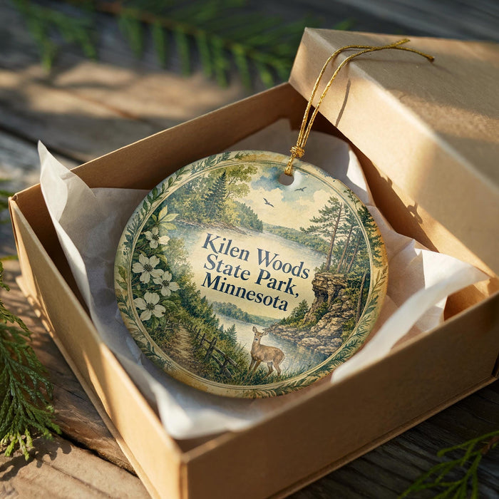 A decorative ornament in a wooden box, featuring a scenic landscape with a deer and trees, with the text "Kilen Woods State Park, Minnesota" printed on it.