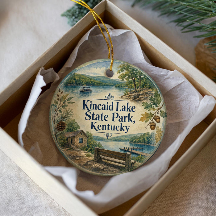 A decorative ornament in a white box, featuring a scenic landscape with a lake, cabin, and trees.