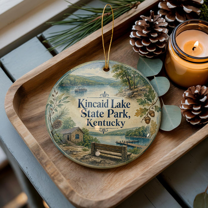 A decorative ornament featuring a scenic view of Kincaid Lake State Park, Kentucky, with a bench and pine cones on a wooden tray.