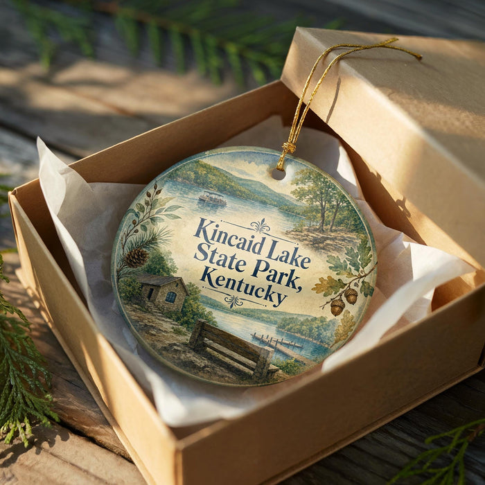 A decorative ornament in a box, featuring a scenic landscape with a bench, trees, and a body of water.