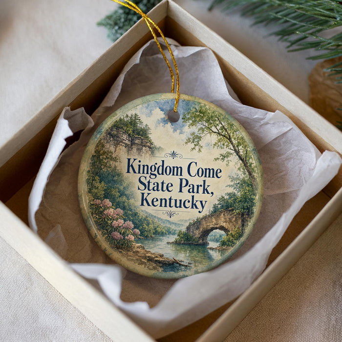 A decorative ornament in a box, featuring a scenic landscape with a river, bridge, and trees.