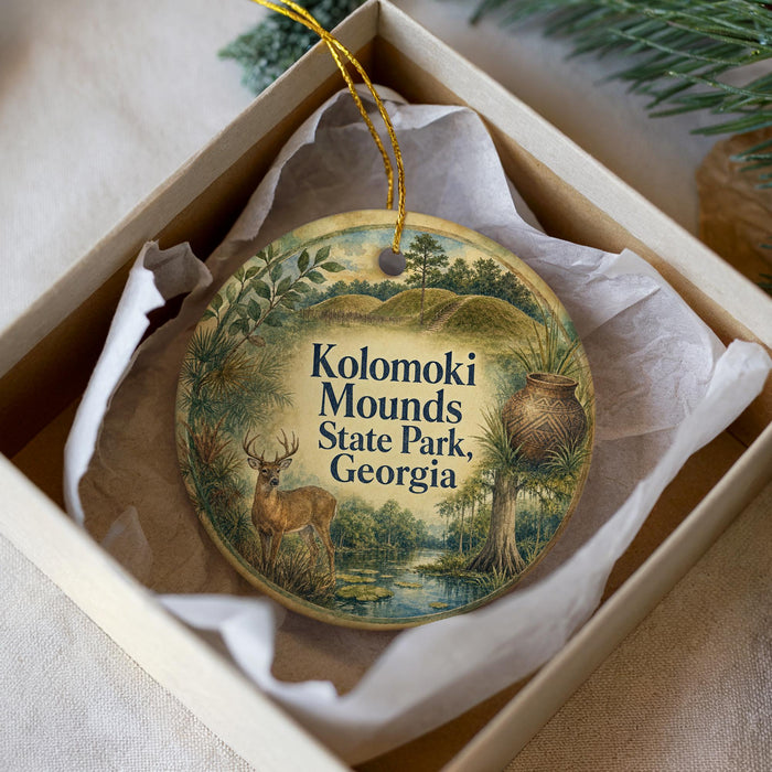 A decorative ornament in a box, featuring a deer and a landscape scene with mountains, trees, and a pond.