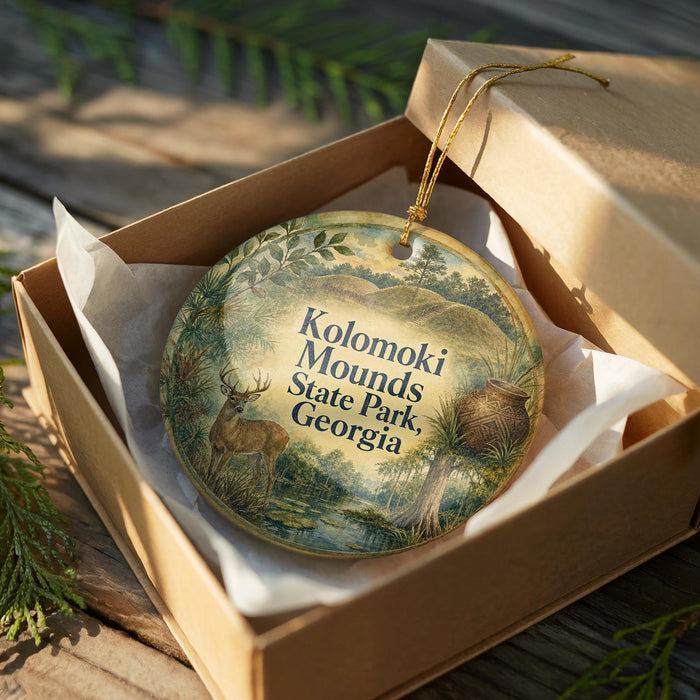 A decorative ornament in a wooden box, featuring an illustration of a deer and mountains, with the text "Kolomaki Mounds State Park, Georgia" printed on it.