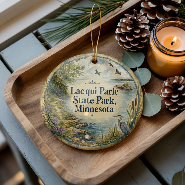 A decorative ornament with a scenic landscape and birds, placed on a wooden tray next to a lit candle and pine cones.