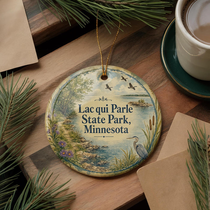 A decorative ornament with a scenic lake and birds, hanging on a wooden surface next to a cup of coffee and some pine branches.