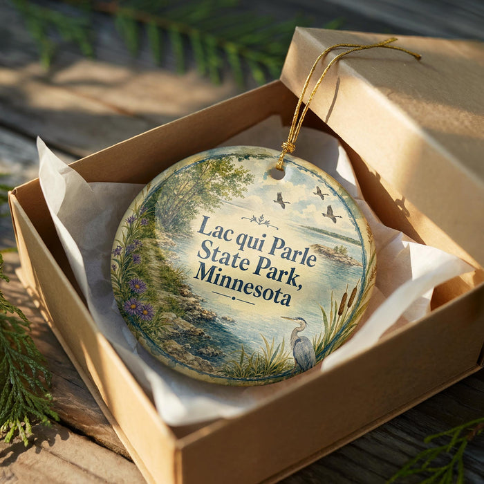 A decorative ornament in a wooden box, featuring a scenic landscape with a lake, trees, and birds.