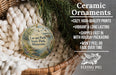 Ceramic ornaments, specifically a round ornament with a bird and a landscape design, are displayed in a basket.