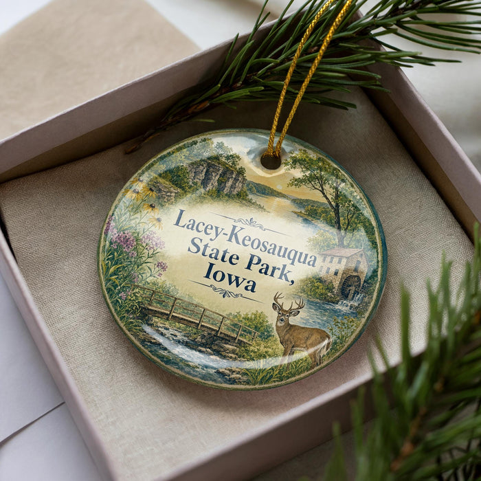 A decorative ornament with a scenic landscape of Lacey-Keosauqua State Park, Iowa, featuring a deer and a bridge.