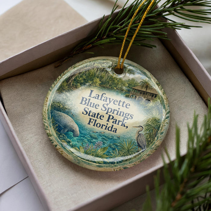 A decorative ornament in a box, featuring a scenic image of the Blue Springs State Park in Florida.