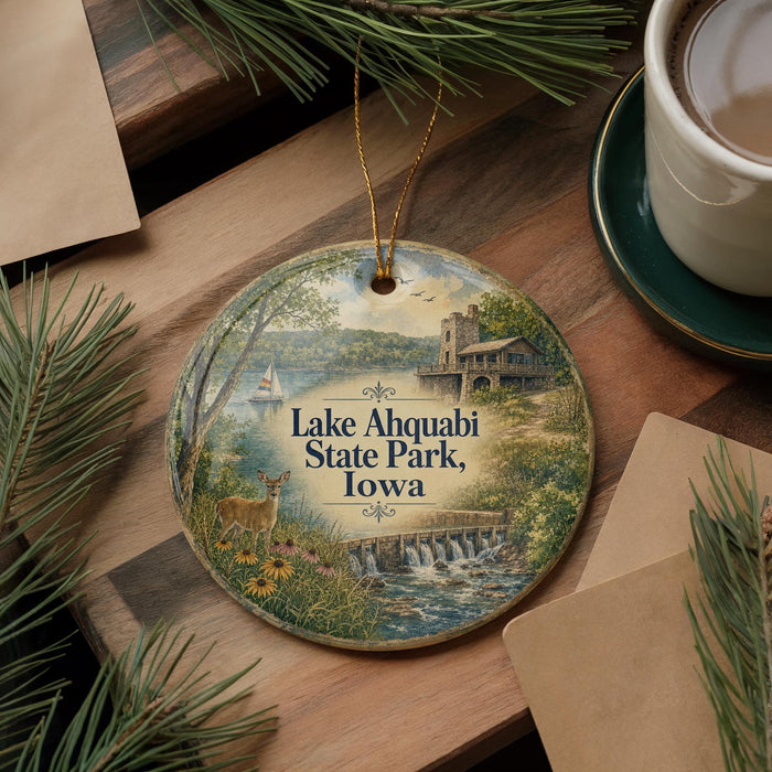 A decorative ornament featuring a scenic landscape of Lake Ahwatani State Park, Iowa, with a house, trees, and a river.