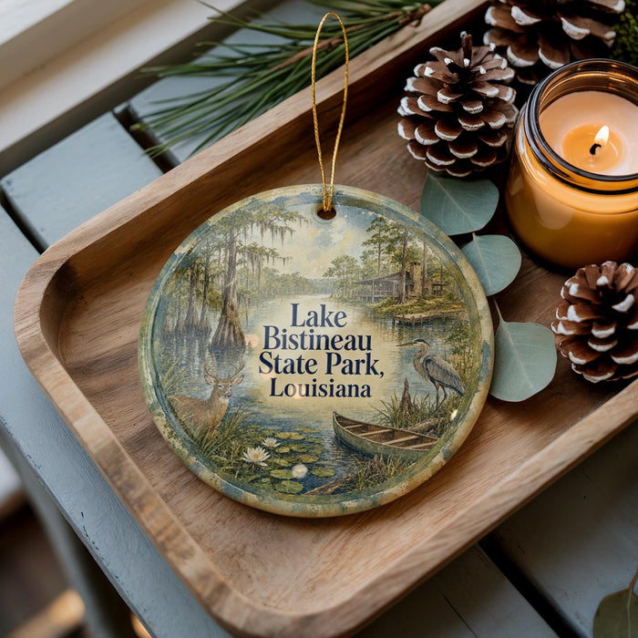 A decorative ornament featuring a serene scene of Lake Bistaineau State Park in Louisiana, with a bird, a boat, and a pond. The ornament is displayed on a wooden tray, accompanied by pine cones and a lit candle.
