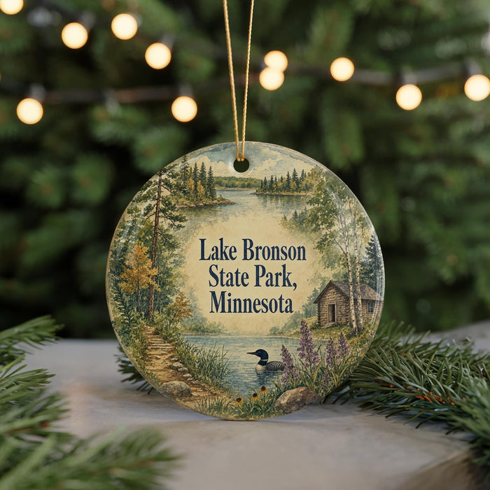 A round ornament featuring a scenic landscape of Lake Bronson State Park, Minnesota, with a cabin and a bird in the foreground.