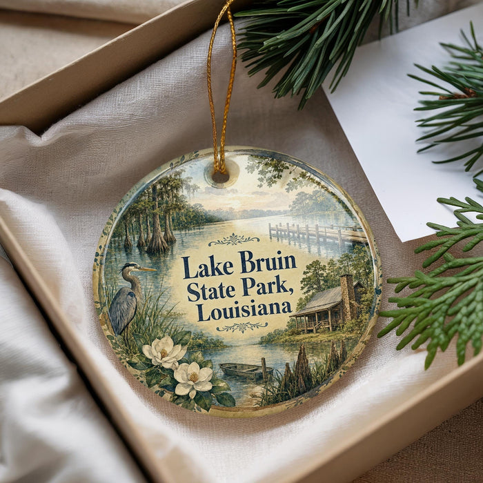 A decorative ornament with a scenic image of Lake Bruin State Park in Louisiana, featuring a bird, flowers, and a bridge.