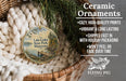 Ceramic ornaments, featuring a lake carlos state park, Minnesota, and a wicker basket with pine branches.