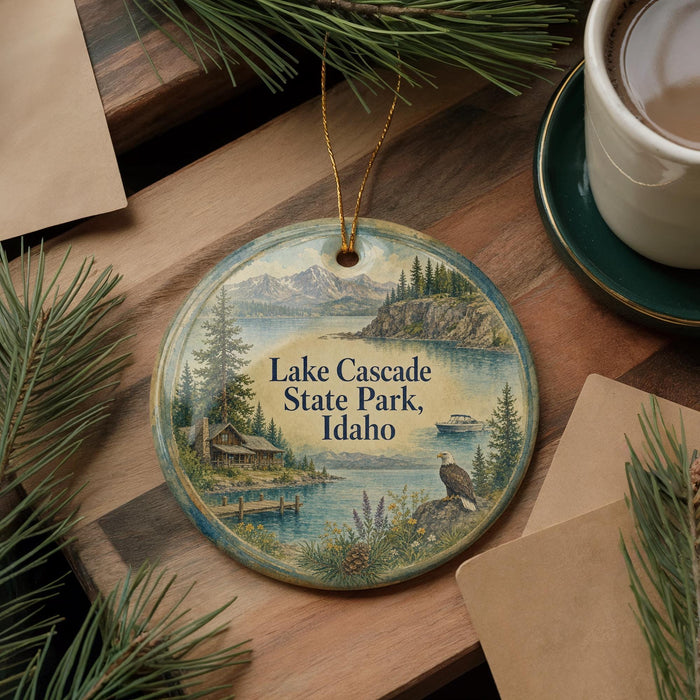 A round ornament with a scenic landscape of Lake Cascade State Park, Idaho, featuring a cabin, pine trees, and a bird perched on a rock.
