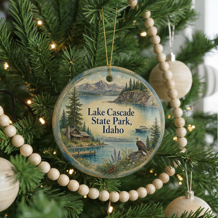 A round ornament hanging on a Christmas tree, featuring a scenic landscape with mountains, a lake, and a cabin.