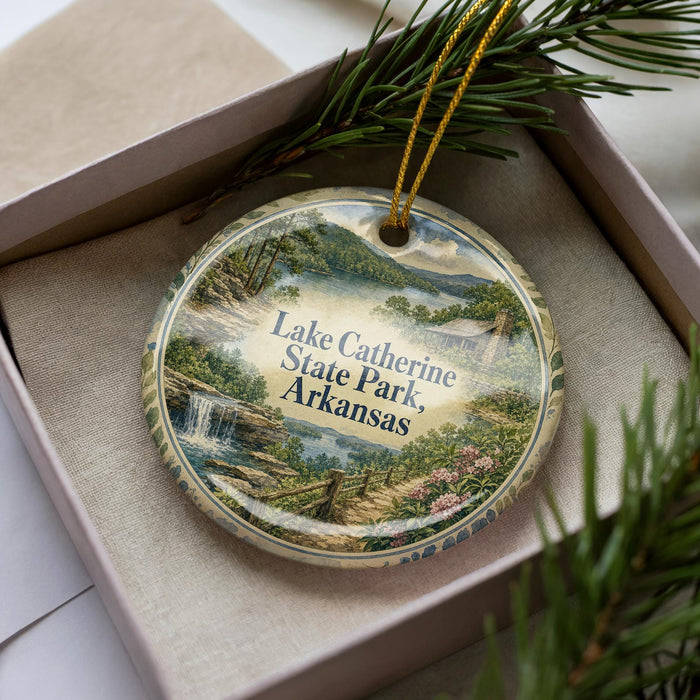 A decorative ornament in a box, featuring a scenic landscape with a waterfall and greenery, with the text "Lake Catherine State Park, Arkansas" printed on it.