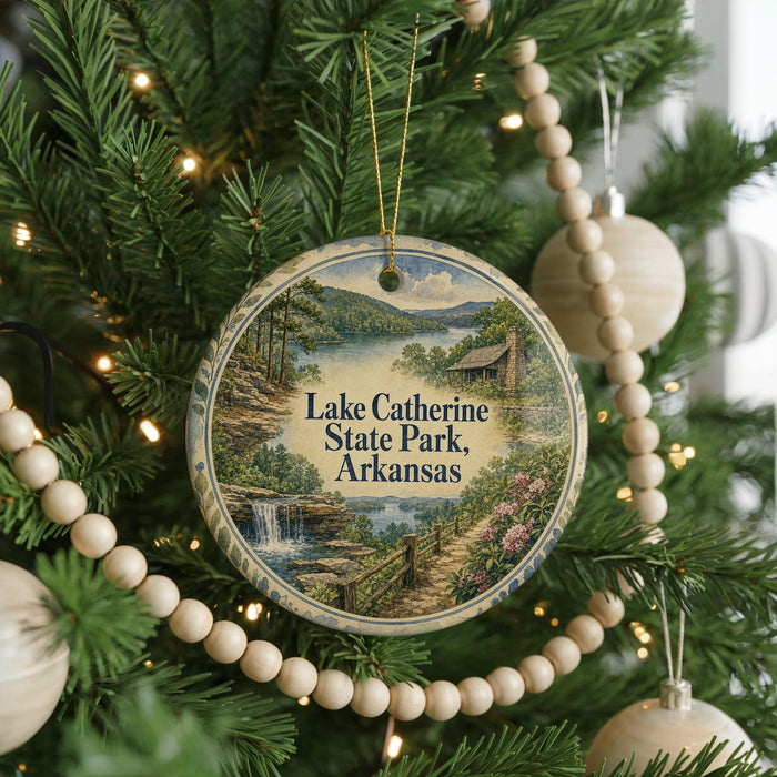 A round ornament hanging on a Christmas tree, featuring a scenic landscape with a lake, forest, and waterfall.