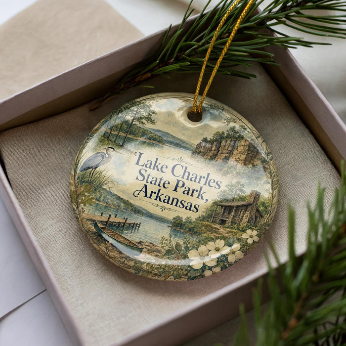 A decorative ornament with a scenic landscape of Lake Charles State Park, Arkansas, featuring a bird, a cabin, and a river.