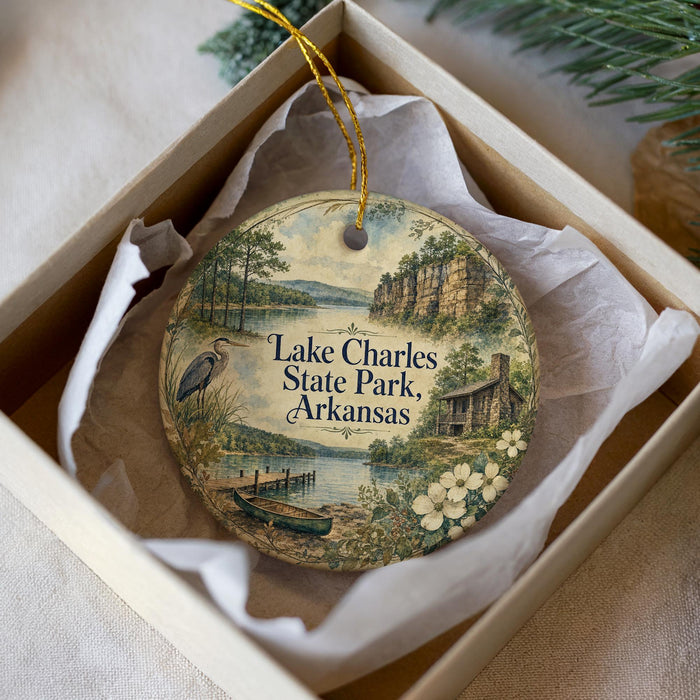 A decorative ornament in a box, featuring a scenic landscape with a lake, cabin, and trees, along with the text "Lake Charles State Park, Arkansas".