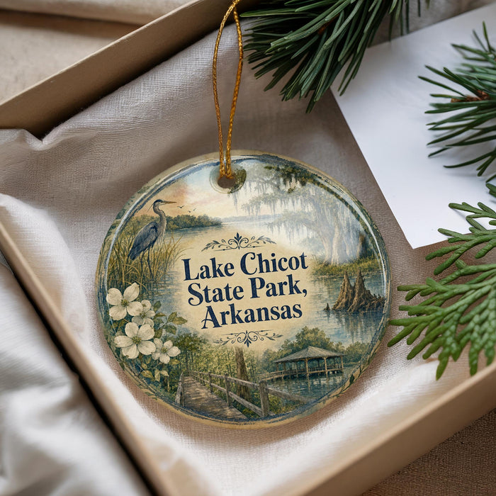 A decorative ornament with a scenic image of Lake Chico State Park, Arkansas, hanging from a string.