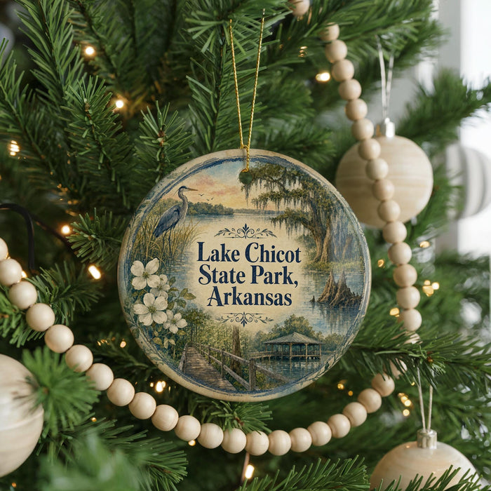 A circular ornament hanging on a Christmas tree, featuring a scenic image of Lake Chicot State Park in Arkansas.