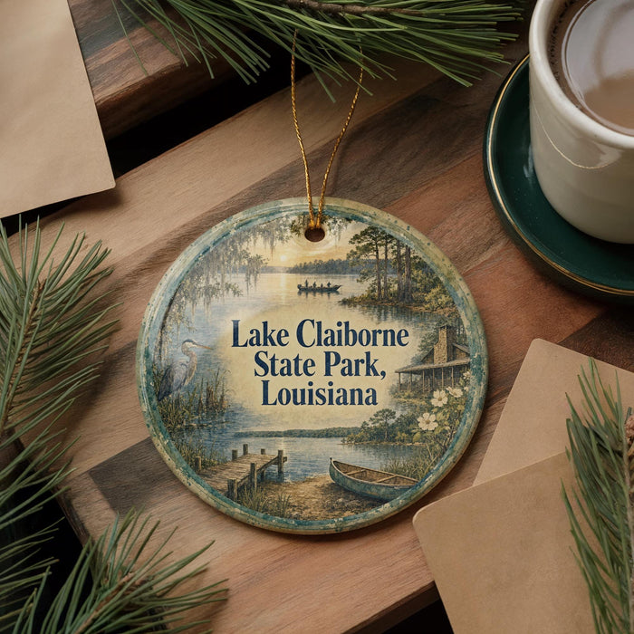 A decorative ornament with a lake and park scene, featuring a boat and a bird, is displayed on a wooden surface alongside a cup of coffee and some pine branches.