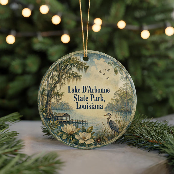 A round ornament with a scenic landscape featuring a lake, trees, and birds, hanging in front of a Christmas tree with lights.