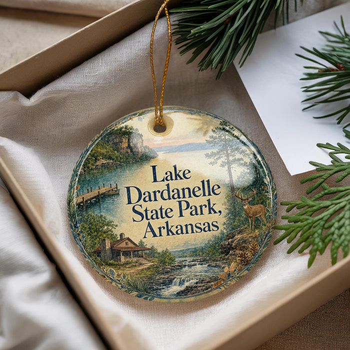 A decorative ornament with a scenic image of Lake Dardanelle State Park, Arkansas, hanging from a string.