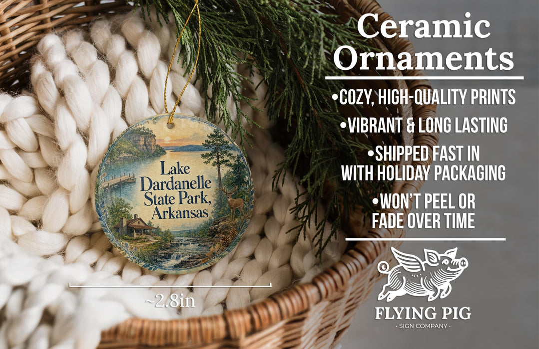 Ceramic ornaments, featuring a scenic image of Lake Dardanelle State Park, Arkansas, hanging from a wicker basket.