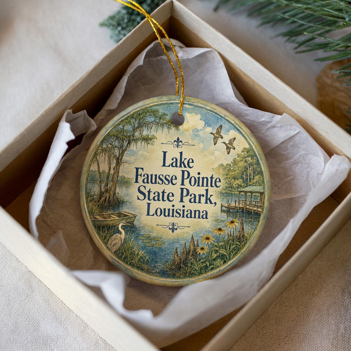 A round ornament with a scenic image of Lake Fausse Pointe State Park in Louisiana, featuring a bird, flowers, and a pond.