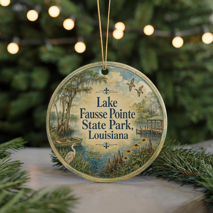 A round ornament with a painting of Lake Fausse Pointe State Park in Louisiana, featuring a bird and a pond, is displayed on a table with a blurred background of a Christmas tree.