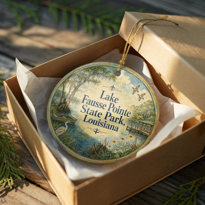 A round ornament in a box, featuring a scenic landscape with a lake, trees, and birds, along with the text "Lake Fausse Pointe State Park, Louisiana".