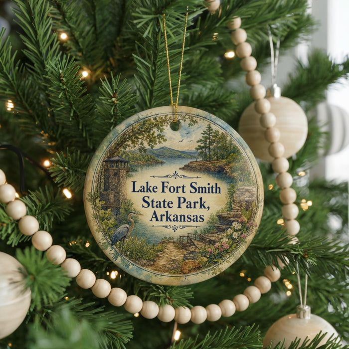 A round ornament hanging on a Christmas tree, featuring a scenic landscape with a lake, mountains, and a bird.