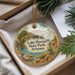 A decorative ornament with a scenic image of Lake Havasu State Park, Arizona, hanging from a string.