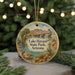 A round ornament with a painting of Lake Havasu State Park, Arizona, featuring a bird, palm trees, and a bridge.
