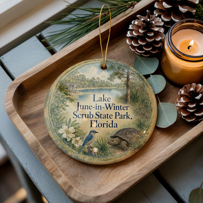A decorative ornament with a bird and flowers, placed on a wooden tray next to pine cones and a lit candle.