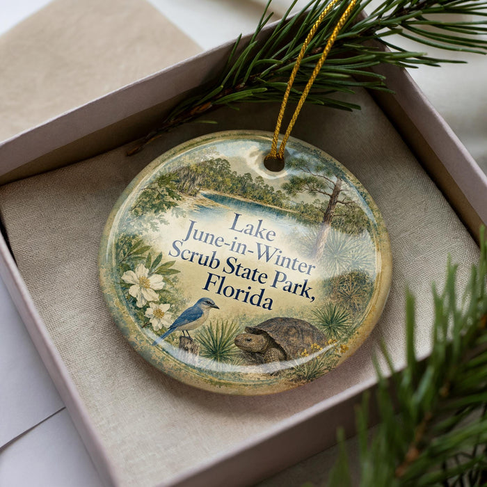 A decorative ornament with a lake and trees, featuring the text "Lake June-in-Winter Scrub State Park, Florida" on it.