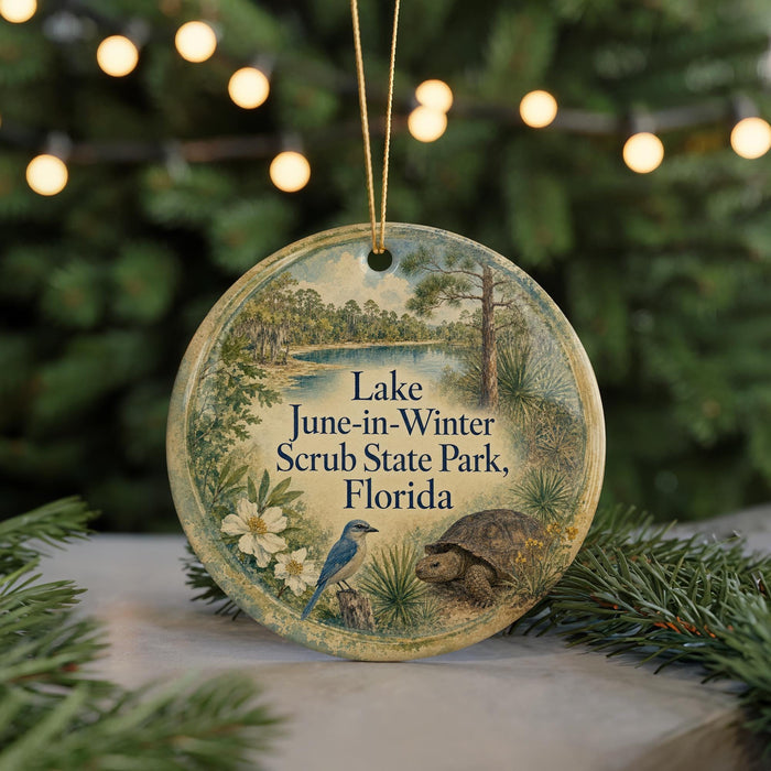 A round ornament with a bird and a turtle, surrounded by greenery, hangs in front of a blurred background with twinkling lights.