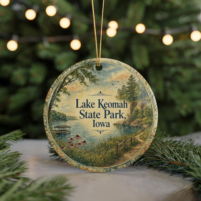 A circular ornament with a scenic landscape of Lake Keomah State Park, Iowa, featuring a lake, a dock, and a forested area.