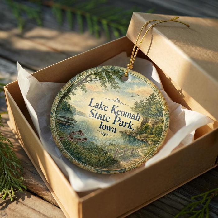 A decorative ornament in a box, featuring a scenic landscape with a lake, trees, and a boat, with the text "Lake Keomah State Park, Iowa" printed on it.