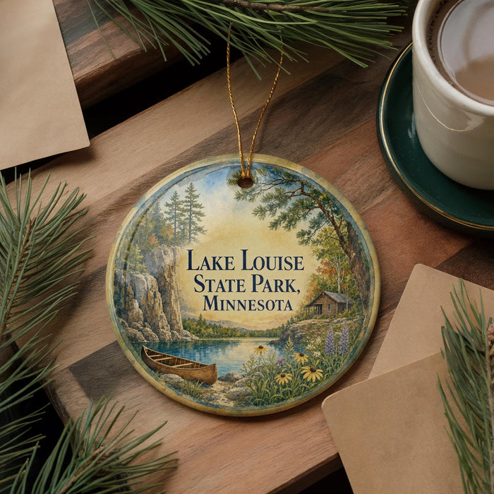A round ornament with a painting of Lake Louise State Park in Minnesota, featuring a canoe and a cabin in a forest setting.